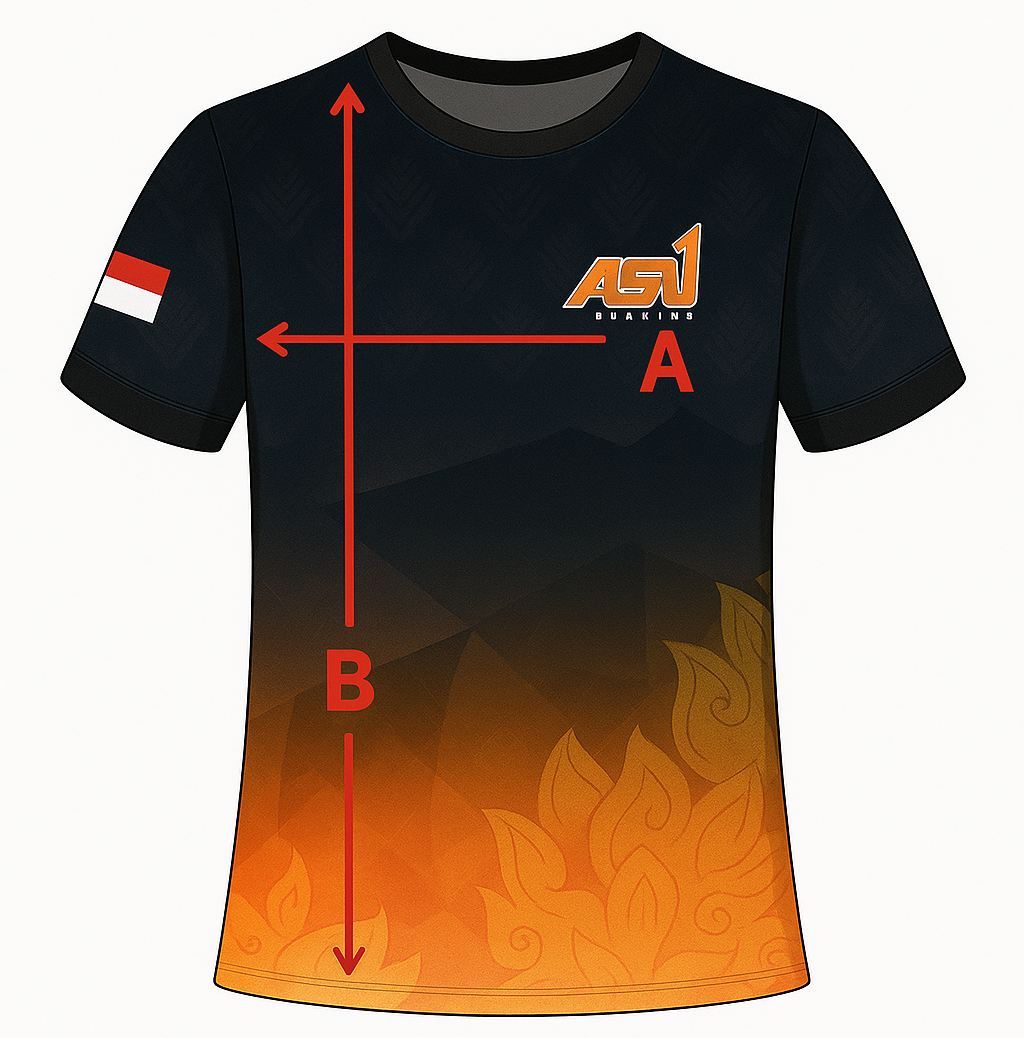 Panduan pengukuran lebar (A) dan panjang (B) jersey